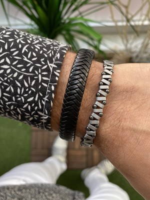 Jenny Daphne Erkek Deri ve Hematit Doğataş Renk Atmaz Bileklik 2 Li Kombin