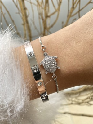 Jackferrero Kadın Gümüş Renk 2 Li Kombin  Bileklik Seti  Renk Atmaz Altın Kaplama Zirkon Taş