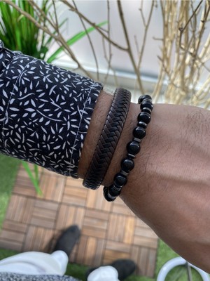 Jenny Daphne Erkek Deri ve Doğaltaş  Bileklik Kombin Gerçek Ürün Renk Atmaz