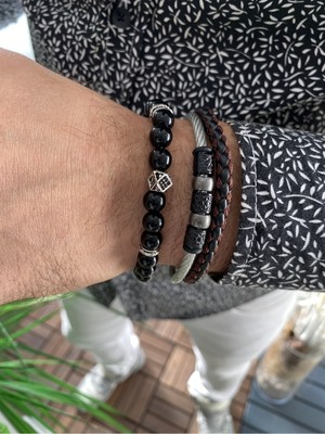 Jenny Daphne Erkek Deri ve Hematit Doğataş Renk Atmaz Bileklik 2 Li Kombin