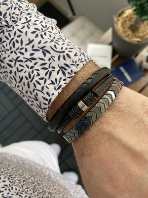 Jackferrero Özel Tasarım Gerçek  Kombin Hematit Taşı Makrome El Örgüsü Erkek Bileklik