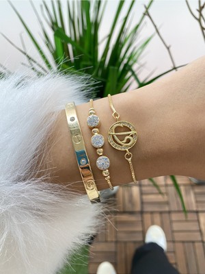 Jenny Daphne Kadın 3 Lü Kombin Renk Atmaz Princ Altın Kaplama Bileklik Seti