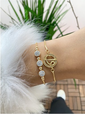 Jenny Daphne Kadın 2 Li Kombin Renk Atmaz Princ Altın Kaplama Bileklik Seti