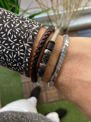 Jenny Daphne Erkek Hematit Doğataş ve Deri Renk Atmaz Bileklik 2 Li Kombin