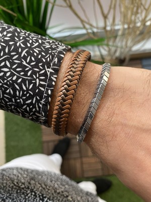 Jenny Daphne Erkek Hematit Doğataş ve Deri Renk Atmaz Bileklik 2 Li Kombin