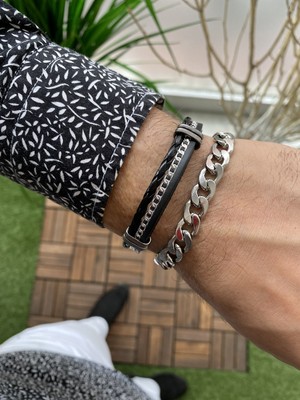 Jenny Daphne Erkek Çelik ve Deri Bileklik Kombin Gerçek Ürün