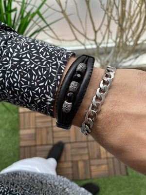 Jenny Daphne Erkek Çelik ve Deri Bileklik Kombin Gerçek Ürün