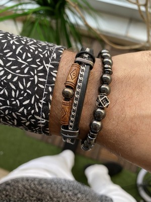 Jenny Daphne Erkek Deri ve Doğaltaş  Bileklik Kombin Gerçek Ürün Renk Atmaz