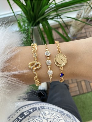 Jenny Daphne Kadın Altın Kaplama Renk Atmaz Bileklik 3 Lü Kombin