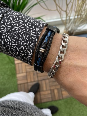 Jenny Daphne Erkek Çelik ve Deri Bileklik Kombin Gerçek Ürün