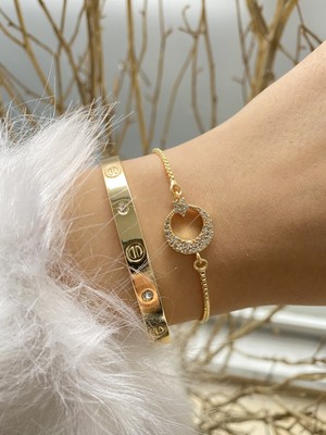 Jackferrero Kadın Gold Renk 2 Li  Kombin  Bileklik Seti  Renk Atmaz Altın Kaplama Zirkon Taş