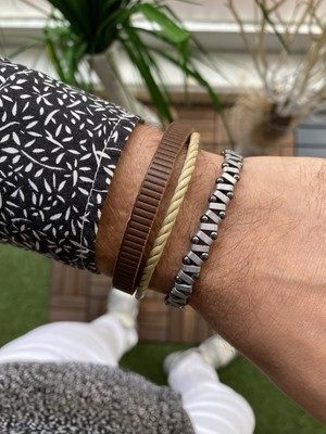 Jenny Daphne Erkek Deri ve Hematit Doğataş Renk Atmaz Bileklik 2 Li Kombin