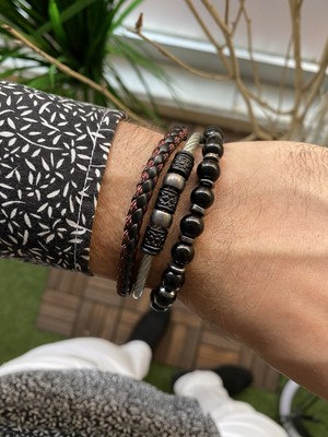 Jenny Daphne Erkek Deri ve Doğaltaş  Bileklik Kombin Gerçek Ürün Renk Atmaz