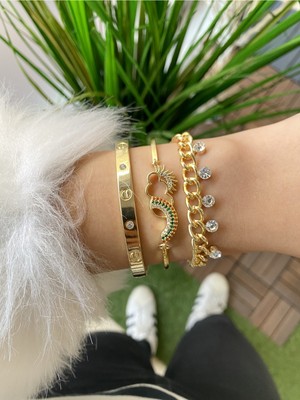 Jenny Daphne Kadın Altın Kaplama Renk Atmaz Bileklik 3 Lü Kombin