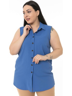 Disentis Modest Büyük Beden Gömlek Yaka Düğmeli Kolsuz Indigo Gömlek