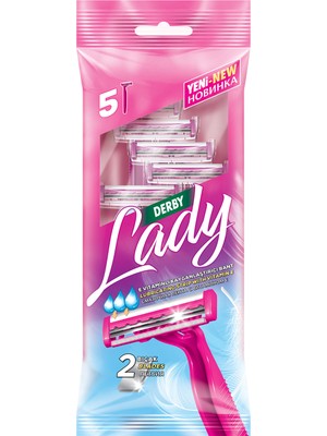 Derby Lady 2 Bıçaklı, Oynar Başlıklı, E Vitaminli ve Kayganlaştırıcı Bantlı Kadın Tıraş Bıçağı - 5'li Paket