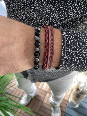 Jenny Daphne Erkek Deri ve Hematit Doğataş Renk Atmaz Bileklik 2 Li Kombin