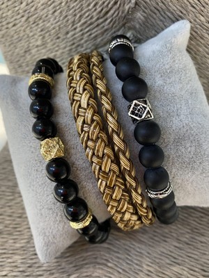 Jenny Daphne Erkek Orijinal Deri ve Doğaltaş Bileklik Kombin  Renk Atmaz Hediye Paketli