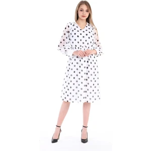 Disentis Modest Gömlek Yaka Omuz Büzgü Detaylı Manşetli Astarlı Şifon Puantiyeli Beyaz Elbise