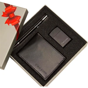 Hediye Rengi Isme Özel Tasarım Kutulu Deri Cüzdan Çakmak ve Kalem Seti
