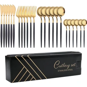 Love Home 24 Parça Portekiz Paslanmaz Çelik Bıçak/Çatal/Kaşık Takımı - Altın/Siyah (Yurt Dışından)