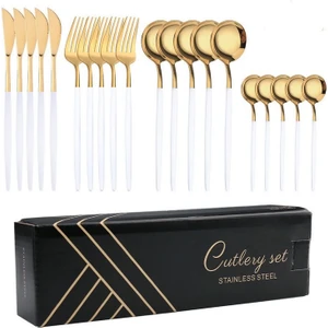Love Home Portekiz Paslanmaz Çelik Bıçak, Çatal ve Kaşık 24 Takım Altın ve Beyaz (Yurt Dışından)