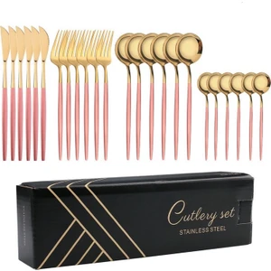 Love Home Portekiz Paslanmaz Çelik Bıçak, Çatal ve Kaşık 24 Takım Altın Tozu (Yurt Dışından)