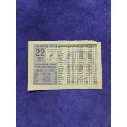 22 Ocak 2002 Takvim Yaprağı - Nostaljik Koleksiyonluk Takvim Yaprağı
