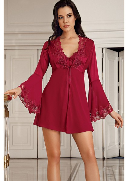 Imaj 4210 Kadın Bordo Çeyizlik Set Saten Dantelli Sabahlıklı Gecelik Takım