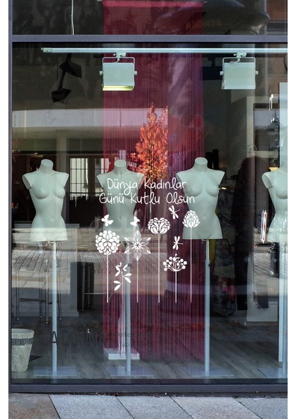 Aşağıdan Yukarı Çiçekler ve 8 Mart Kadınlar Günü Kutlu Olsun Yazısı Cam Vitrin Stickerı 60CM - Beyaz