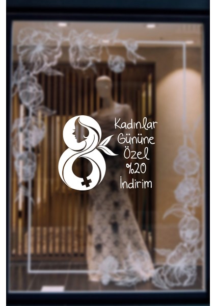 8 Mart Kadınlar Gününe Özel %20 Indirim Yazısı Cam Vitrin Sticker 60CM - Beyaz fırsatları