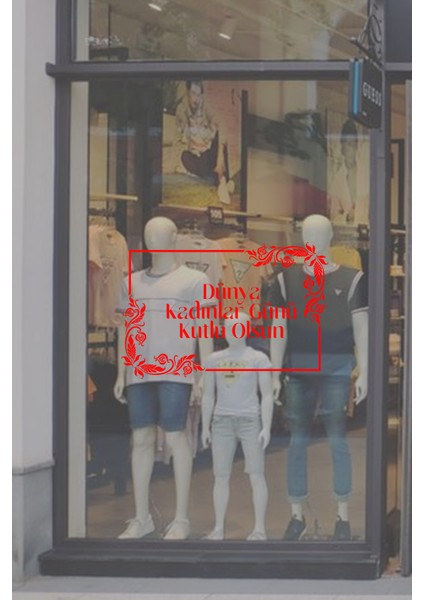 Taç Bordür ve 8 Mart Kadınlar Günü Kutlu Olsun Yazısı Cam Vitrin Stickerı Kırmızı