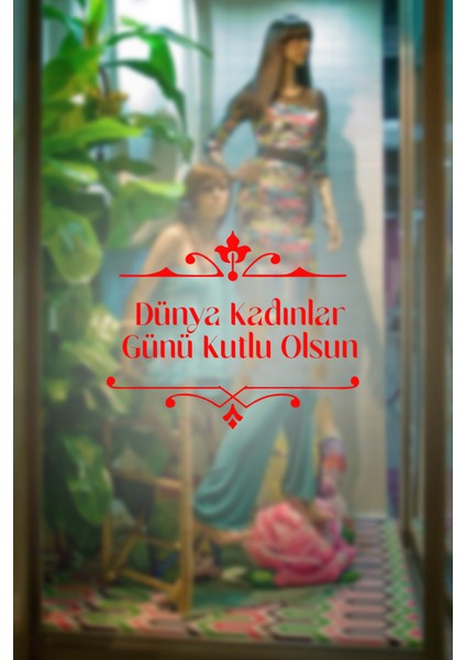 Zarif Şerit ve 8 Mart Kadınlar Günü Kutlu Olsun Yazısı Cam Vitrin Stickerı Kırmızı modelleri