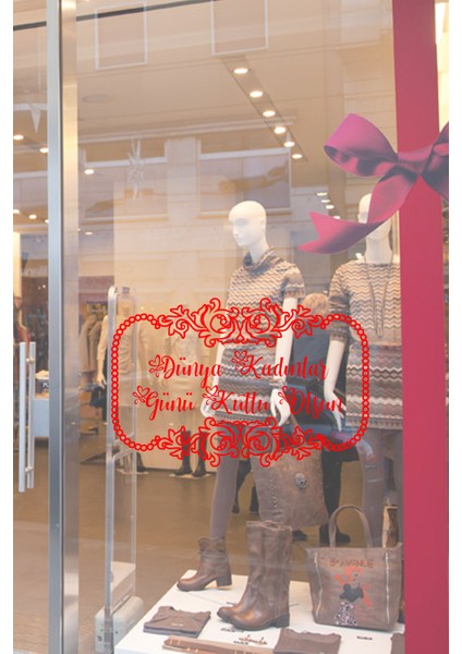Noktalı Taç ve 8 Mart Kadınlar Günü Kutlu Olsun Yazısı Cam Vitrin Stickerı Kırmızı