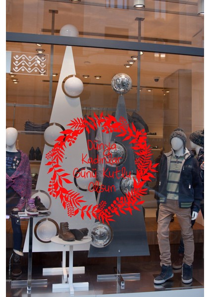 Aşağıdan Yukarı Çiçekler ve 8 Mart Kadınlar Günü Kutlu Olsun Yazısı Cam Vitrin Stickerı Kırmızı