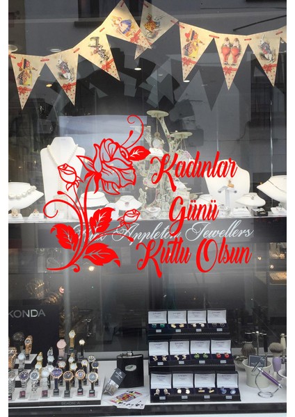 Siyah Gül ve 8 Mart Kadınlar Günü Kutlu Olsun Yazısı Cam Vitrin Stickerı Kırmızı