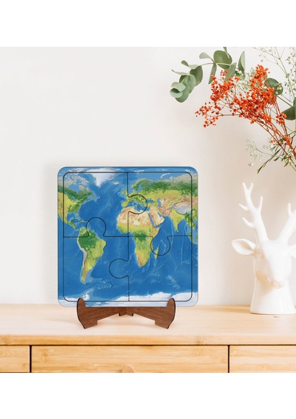 Gift Dünya Haritası Tasarımlı Ahşap Standlı Puzzle Çerçeve-1