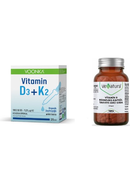 Vitamin D3 + K2 Vitamini 25 ml +Yetişkinler Için Vitamin B Kompleks 30 Kapsül