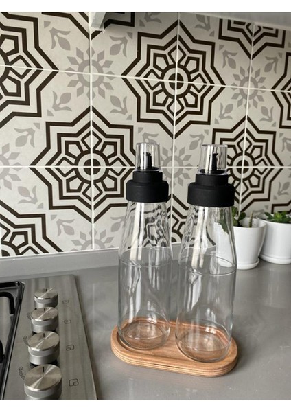 Büyük Boy Damlatmaz Akıllı Ahşap Standlı 3 Parça Cam Yağlık Seti - 720 ml