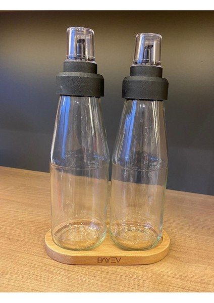 Büyük Boy Damlatmaz Akıllı Ahşap Standlı 3 Parça Cam Yağlık Seti - 720 ml