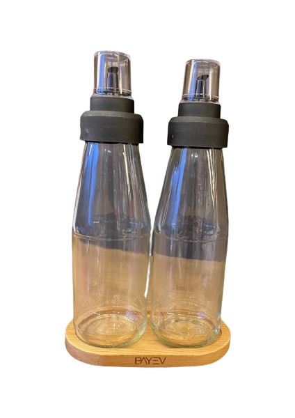 Büyük Boy Damlatmaz Akıllı Ahşap Standlı 3 Parça Cam Yağlık Seti - 720 ml