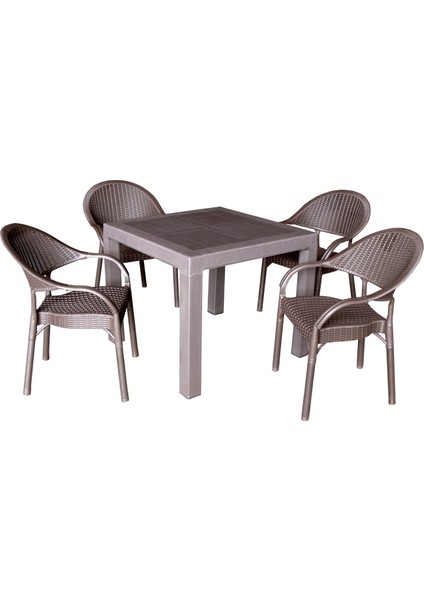 Rattan Masa Takımı 90x90 Camlı Masa 4 Kişilik Bambu Sandalye Seti Bahçe Balkon Teras Takımı