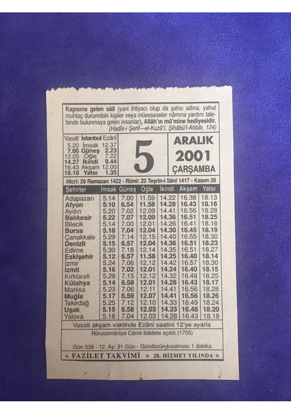 5 Aralık 2001 Takvim Yaprağı - Nostalji Koleksiyonluk Takvim Yaprağı