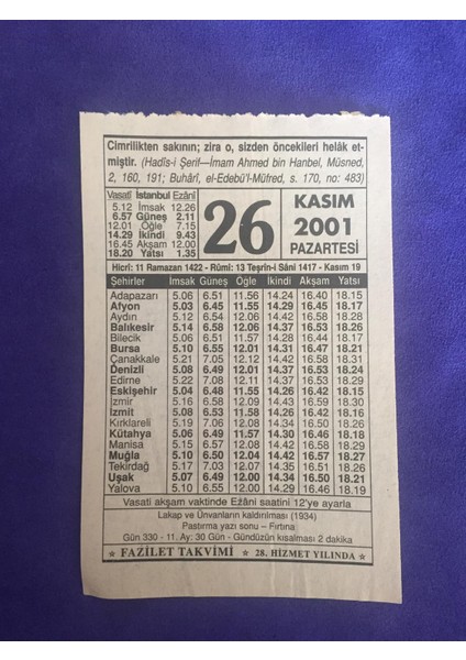 26 Kasım 2001 Takvim Yaprağı - Nostalji Koleksiyonluk Takvim Yaprağı