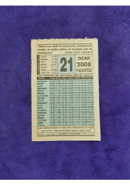 21 Ocak 2008 Takvim Yaprağı - Nostaljik Koleksiyonluk Takvim Yaprağı