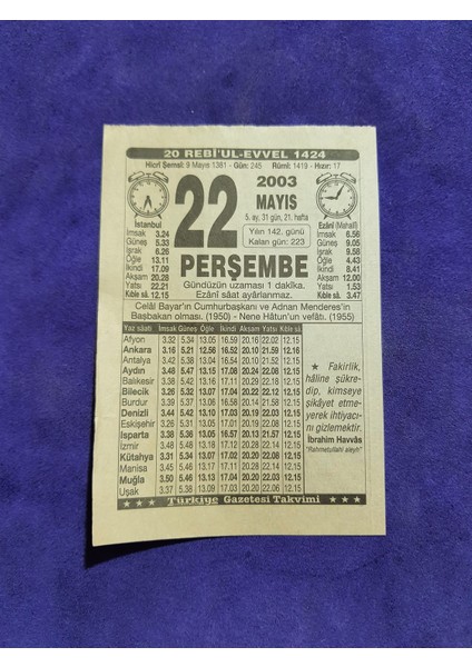 22 Mayıs 2003 Takvim Yaprağı - Nostaljik Koleksiyonluk Takvim Yaprağı