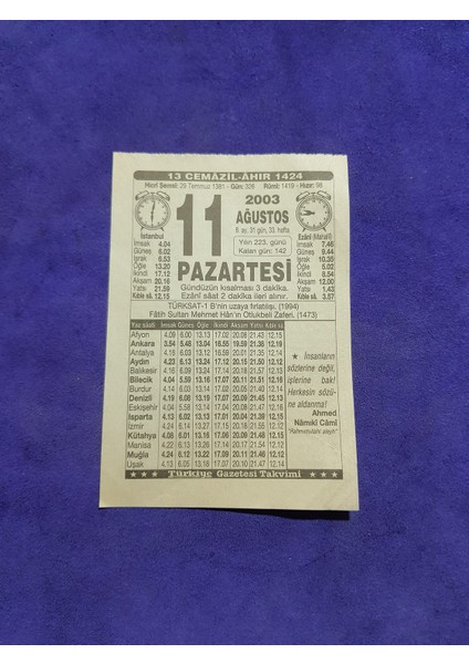 11 Ağustos 2003 Takvim Yaprağı - Nostaljik Koleksiyonluk Takvim Yaprağı