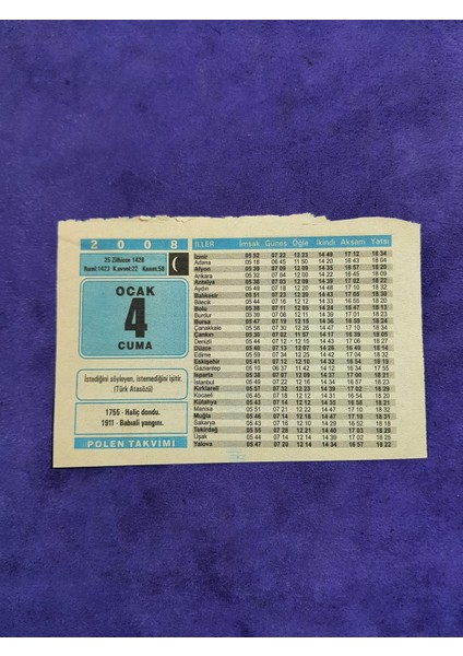 4 Ocak 2008 Takvim Yaprağı - Nostaljik Koleksiyonluk Takvim Yaprağı A