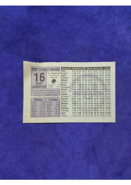 16 Mart 2002 Takvim Yaprağı - Nostalji Koleksiyonluk Takvim Yaprağı