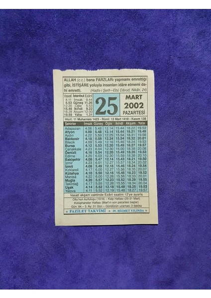 25 Mart 2002 Takvim Yaprağı - Nostalji Koleksiyonluk Takvim Yaprağı A